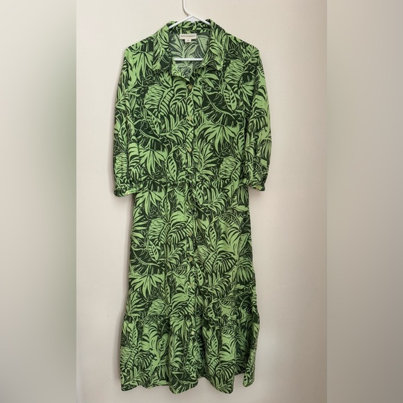 Appleseed's Dresses & Skirts - Appleseed’s Tropical Green Leaf Print Button Front Midi Dress Women’s Size 8